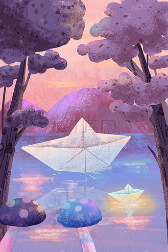 61儿童节风景夕阳小湖纸船卡通插画
