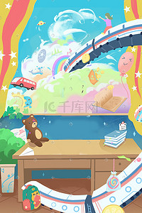 小熊玩具插画图片_书桌窗外火车童年插画