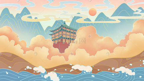 敦煌飞天国潮中国风大气场景手绘插画
