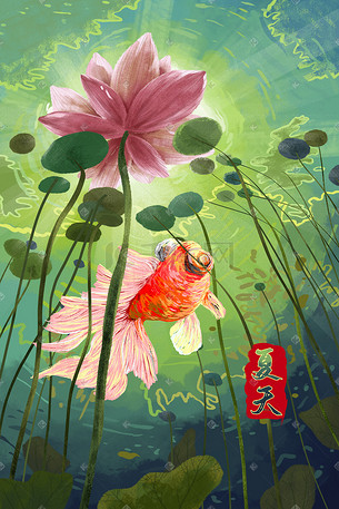 夏天金鱼穿梭荷花池手绘插画