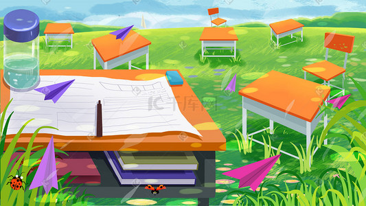 英语补习插画图片_全力以赴高考加油学习读书补习暑假室外书桌