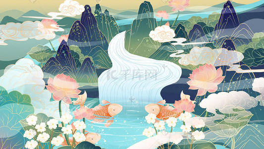 湖水荷花插画图片_国潮国风荷花山水图背景