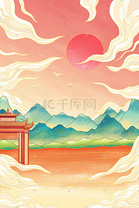 烫金国潮边框插画图片_中国风描金国潮风山水风景插画