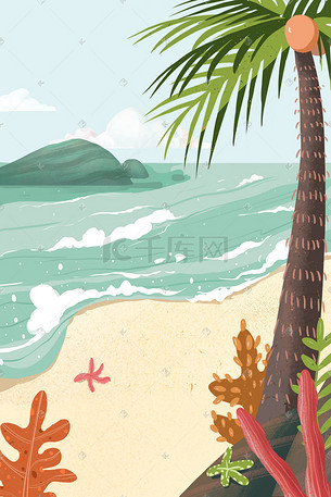 沙滩海边手绘风景