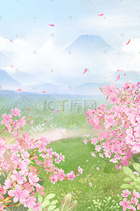 山川风景插画图片_夏天夏季春季樱花桃花乡间田园唯美风景花朵花