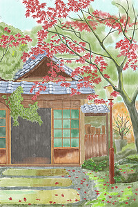 水彩枫树插画图片_水彩建筑怀旧枫叶小屋钢笔淡彩