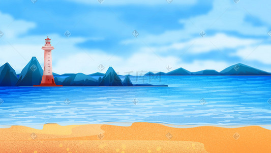 风景海浪插画图片_夏天海边唯美风景沙滩蓝天白云海浪风景图
