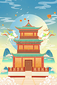 国潮风古建筑敦煌神鹿彩色插画