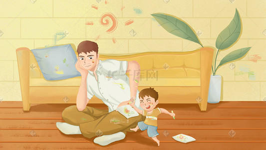 斑马纹抱枕插画图片_父亲节温馨亲子玩耍童真客厅插画