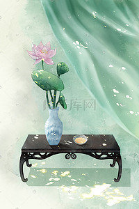 绿色荷花水墨插画图片_立夏荷花绿色清新插画