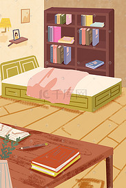 小清新温馨家庭卧室床书桌手绘