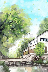 古老的村子插画图片_水彩植物建筑村子风景