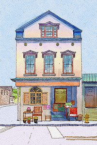 淡蓝色淡蓝色插画图片_水彩建筑蓝色屋顶房子插画