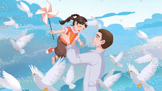 和平的白鸽插画图片_父亲节儿童家长郊游六一白鸽夏天