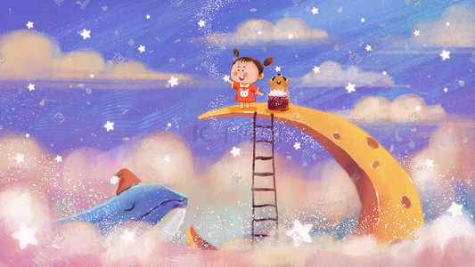 女孩晚安月亮植物自然河水远山中元节插画场景手绘没有搜到合适的插画