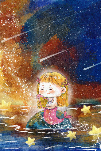 水彩主题之星空人鱼竖琴唯美治愈系