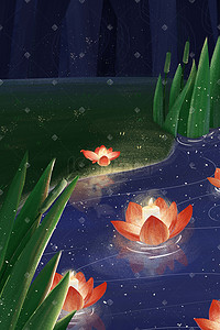 中元节画插画图片_中元灯笼夜色美景绿植植物祈祷