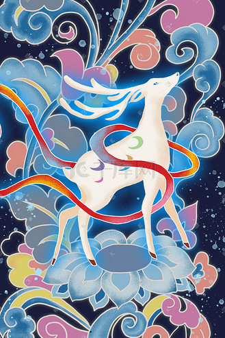 中国风敦煌九色鹿国潮纹样图案花叶