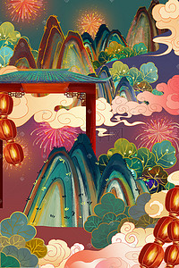 国潮风山水植物建筑灯笼吉祥手绘中国风
