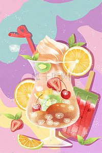 雪糕冷饮插画图片_小清新夏天美食冷饮雪糕冰激凌水果草莓柠檬