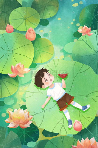 夏至夏天夏天立夏绿色男孩荷花