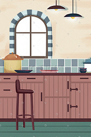 小清新温馨厨房椅子家具室内手绘场景