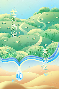 水环境综合治理插画图片_世界防治荒漠化节日绿色唯美卡通环境插画