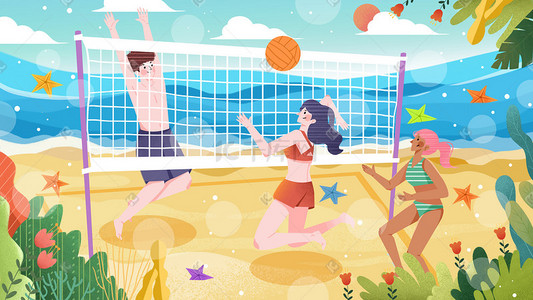 夏日沙滩度假插画图片_夏天夏日沙滩排球插画