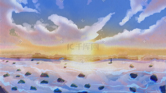 沙滩玩水插画图片_夏天夏天夕阳治愈场景