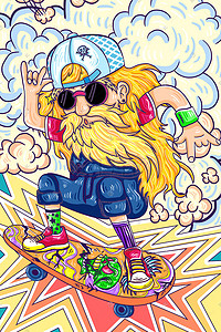 气质老头插画图片_街头文化嘻哈老头玩滑板