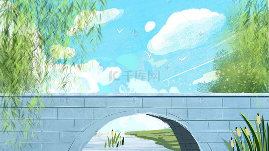 晋江大桥插画图片_夏天小清新唯美风景大桥蓝天白云风景图