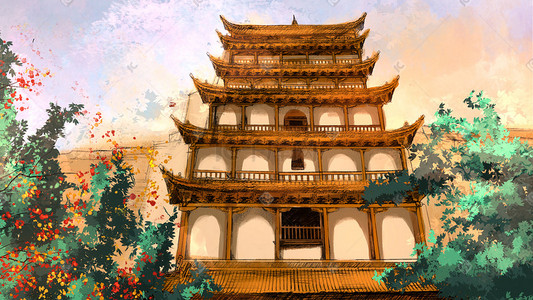 中国风国风建筑手绘插画