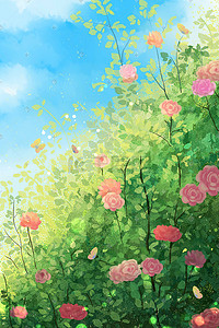 花草水彩花草插画图片_立夏夏天夏季水彩月季花风景