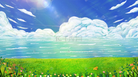 大海海鸥蓝天插画图片_夏天夏日夏季海鸥蓝天白云云朵