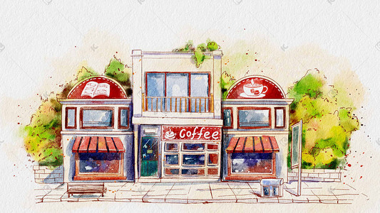 瓷咖啡杯子插画图片_水彩建筑咖啡书屋插画