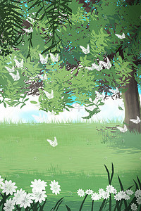 浪漫树林插画图片_树林里的草地风景手绘