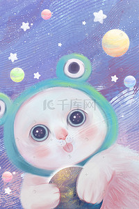 紫色梦幻星球插画图片_梦幻唯美治愈果冻色猫咪