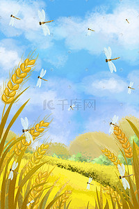 小清新麦子插画图片_秋天小清新黄色麦田蜻蜓唯美秋天丰收景色