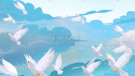 美丽教主插画图片_冷淡色海鸥海鸟蓝天白云美丽风景