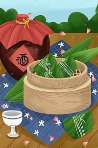 手绘美食粽子插画图片_小清新传统节日端午美食粽子手绘酒场景