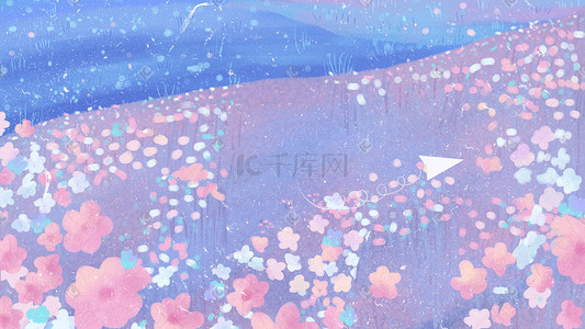紫色花海插画图片_梦幻夏天花朵紫色风景花海手绘