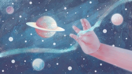 天空宇宙插画图片_梦幻唯美治愈果冻色孩子的手宇宙星球