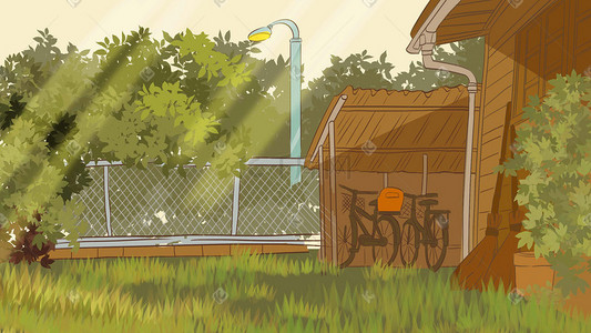 怀旧屋内插画图片_怀旧手绘复古童年儿童自行车草地