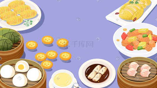 菜肴插画图片_中华美食蛋挞粤菜蟹黄包蛋黄包手绘食物