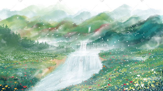 水墨山河插画图片_水墨中国风古风之大好江河风景