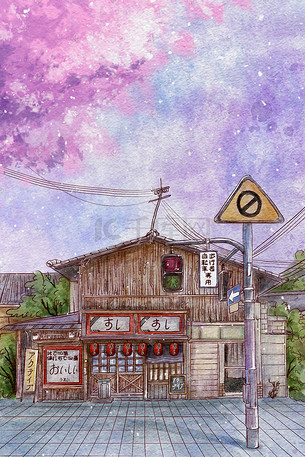 水彩建筑 日系风格花朵花