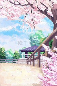 小清新唯美浪漫樱花树植物蓝天手绘花朵花