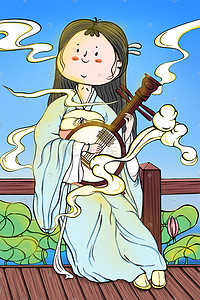 5h中国风插画图片_蓝色卡通中国风汉服少女宣传图