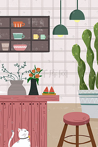 盆栽植物插画图片_小清新卡通夏季西瓜盆栽植物手绘场景