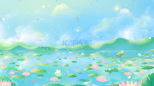 夏天的云插画图片_夏天的荷花池塘手绘风景